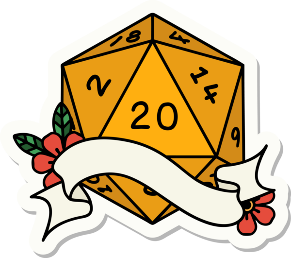 Bir insan tarafından çizilmiş 20 D20 zarının çıkartması.