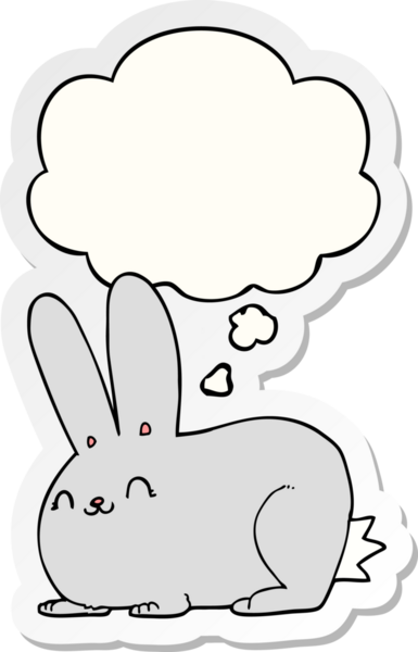 Düşünce baloncuklu çizgi film tavşanı insan tarafından çizilmiş bir çıkartma.