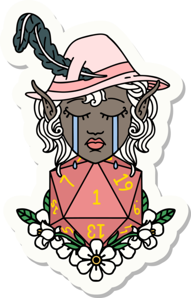 Ağlayan bir elf şair karakterinin çıkartması. Bir insan tarafından çizilmiş doğal bir D20 rulosu.