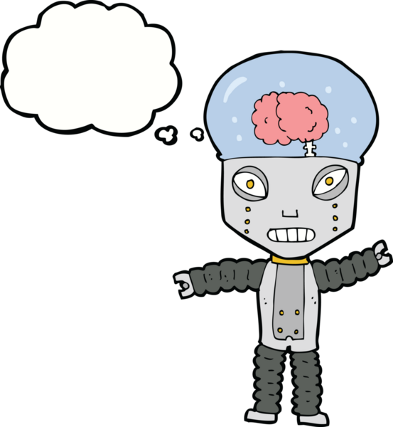 Bir insan tarafından çizilmiş düşünce baloncuğu olan geleceğin robotu.