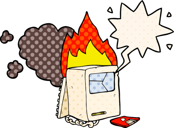 Bir insan tarafından çizilmiş çizgi roman tarzında konuşma baloncuğu olan bozuk bir bilgisayar.