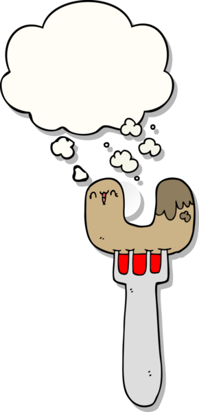 Düşünce baloncuğu insan tarafından çizilmiş bir çıkartma gibi çatal üzerinde çizgi film sosisi.