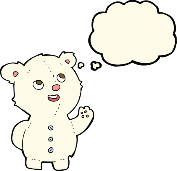 Bir insan tarafından çizilmiş düşünce baloncuklu şirin kutup ayısı yavrusu.