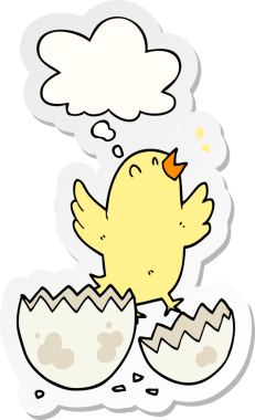 Düşünce baloncuğuyla yumurtadan çıkan çizgi film kuşu insan tarafından çizilmiş bir çıkartma gibi.