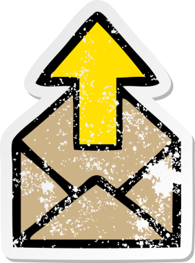 Bir insan tarafından çizilmiş oklu şirin bir karikatür zarfının sıkıntılı çıkartması.