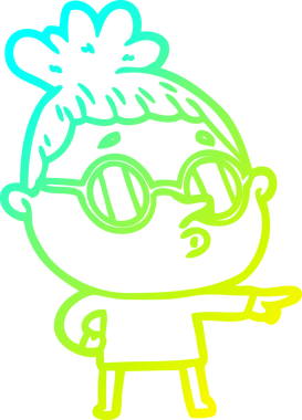 Bir insan tarafından çizilmiş gözlük takan çizgi film kadını çizimi.