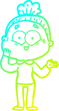 Bir insan tarafından çizilmiş, mutlu, yaşlı bir kadının çizimi.