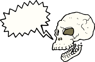 Bir insan tarafından çizilmiş konuşma baloncuğu olan karikatürümsü kafatası.