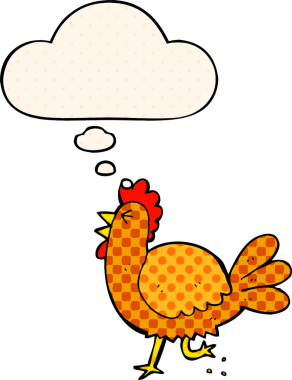 Çizgi roman tarzında bir insan tarafından çizilmiş düşünce kabarcığı olan çizgi film horozu.