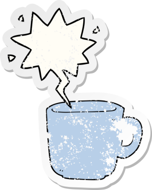 Konuşma balonlu çizgi film kahve fincanı bir insan tarafından çizilmiş sıkıntılı eski bir çıkartma