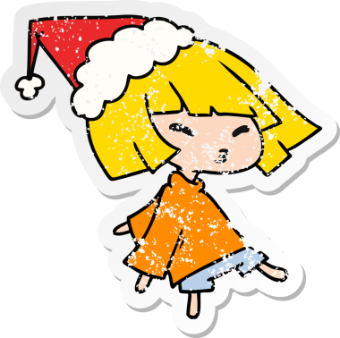 Bir insan tarafından çizilmiş Kawai kızının, sıkıntılı bir Noel çıkartması.