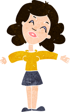 Bir insan tarafından çizilmiş açık kollu çizgi film kadını.