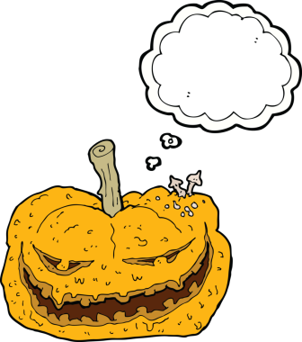 Bir insan tarafından çizilmiş düşünce baloncuklu Cadılar Bayramı balkabağı çizgi filmi.