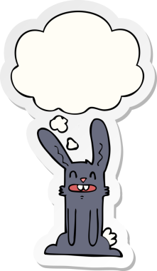 Düşünce baloncuklu çizgi film tavşanı insan tarafından çizilmiş bir çıkartma.