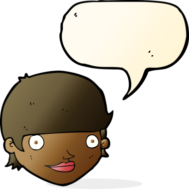 Bir insan tarafından çizilmiş konuşma balonlu mutlu kadın yüzü.