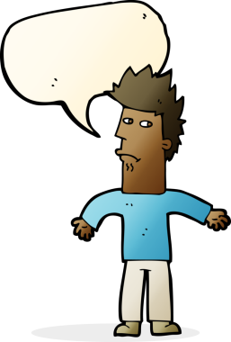 Bir insan tarafından çizilmiş konuşma baloncuğu ile kafası karışmış bir adam.