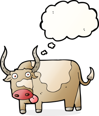 Bir insan tarafından çizilmiş düşünce baloncuklu çizgi film boğası.