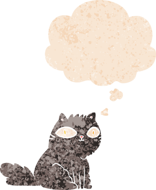 grunge 'da düşünce baloncuğu olan çizgi film kedisi bir insan tarafından çizilmiş dertli retro desenli