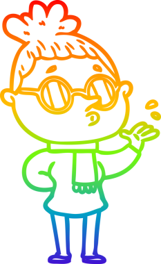 Gökkuşağı gradyan çizgi çizimi bir insan tarafından çizilmiş gözlük takan bir kadın.