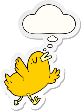 Düşünce baloncuklu çizgi film mutlu kuş bir insan tarafından çizilmiş çıkartma