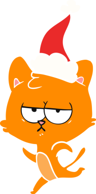 Bir insan tarafından çizilmiş Noel Baba şapkası takan bir kedinin düz renk çizimi.