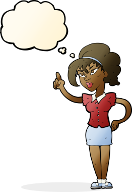 Bir insan tarafından çizilmiş düşünce baloncuğu fikri olan karikatür kadın.