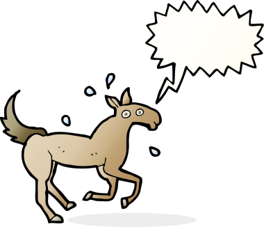 Bir insan tarafından çizilen konuşma baloncuğuyla terleyen at.