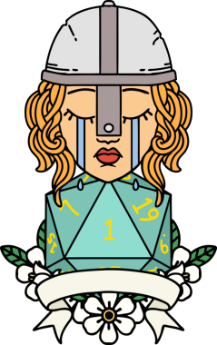 Retro Dövme Tarzı Ağlayan İnsan Dövüşçüsü Bir insan tarafından çizilmiş doğal bir D20 zarıyla