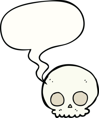 Bir insan tarafından çizilmiş, konuşma baloncuklu bir kafatası.