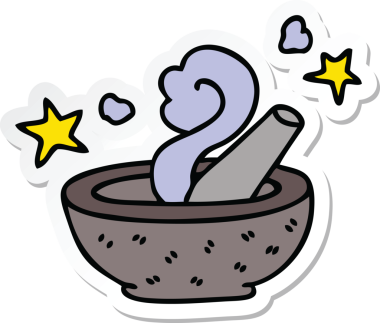 Bir insan tarafından çizilmiş garip bir el çıkartması, sihirli tokmak ve havan topu.