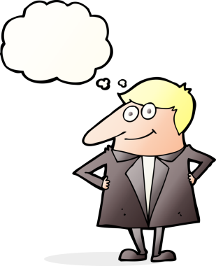 Bir insan tarafından çizilmiş düşünce balonlu takım elbiseli mutlu bir adam.