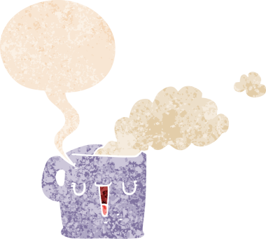 Bir insan tarafından çizilmiş, grunge 'de konuşma baloncuğu olan sıcak bir fincan çizgi film kahvesi.