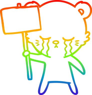 Gökkuşağı gradyan çizgi çizimi, ağlayan bir çizgi film ayısının bir insan tarafından çizilmiş işaret levhası.