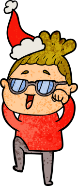 Bir insanın çizdiği Noel Baba şapkası takan mutlu bir kadının el çizimi karikatürü.