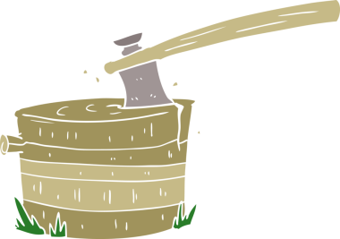 Düz renkli çizgi film ağaç kütüğü ve balta bir insan tarafından çizilmiş.