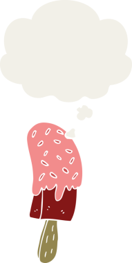 Düşünce baloncuklu çizgi film dondurma lolipopu bir insan tarafından çizilmiş.