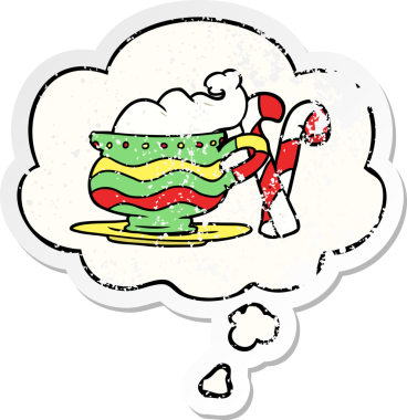 Düşünce baloncuklu karikatür Noel Kakaosu, bir insan tarafından çizilmiş yıpranmış bir çıkartma.