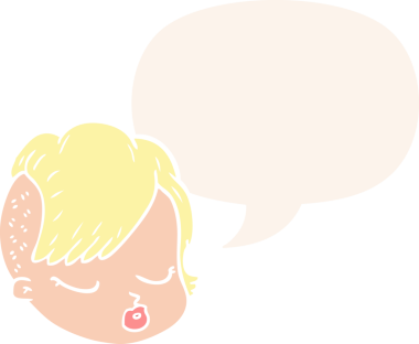 Bir insan tarafından çizilmiş, konuşma baloncuklu çizgi film kadın yüzü.