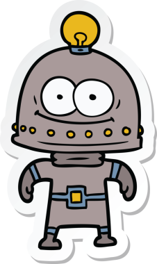 Bir insan tarafından çizilmiş mutlu bir karton robotun çıkartması.