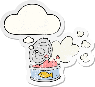 İnsan tarafından çizilmiş yıpranmış bir çıkartma gibi düşünce baloncuğu olan kokuşmuş balık konservesi.