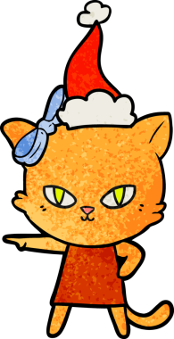 Bir insan tarafından çizilmiş Noel Baba şapkası giymiş kedi desenli bir el çizimi.