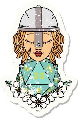 Bir insan dövüşçüsünün grunge sticker 'ı. Bir insan tarafından çizilmiş 20 D20 zarlı.