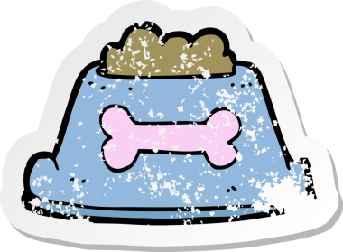 Bir insan tarafından çizilmiş kasedeki köpek mamasının gerilimli yapıştırması.