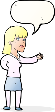 Bir insan tarafından çizilen konuşma baloncuğuyla açıklayan çizgi film kadını.