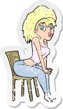 Bir insan tarafından çizilmiş sandalyeye poz veren bir karikatür kadın etiketi.