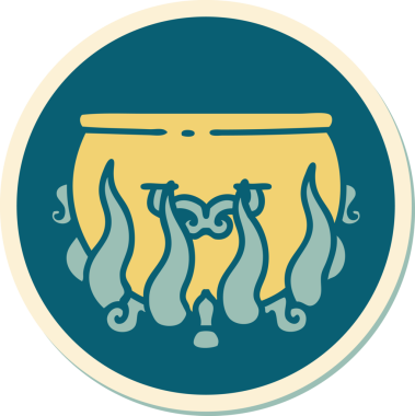 Bir insan tarafından çizilmiş geleneksel stil dövmeli bir kazan.