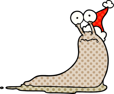 Bir insan tarafından çizilmiş Noel Baba şapkası giyen bir sümüklüböceğin el çizimi çizgi roman çizimi.