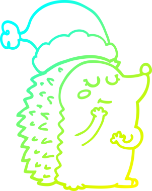 Bir insan tarafından çizilmiş Noel şapkası giyen bir kirpinin soğuk gradyan çizimi.