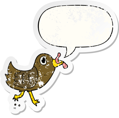 Solucan ve konuşma baloncuğu olan çizgi film kuşu bir insan tarafından çizilmiş sıkıntılı eski bir çıkartma