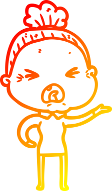 Bir insan tarafından çizilmiş kızgın yaşlı bir kadının sıcak çizgi çizimi.